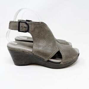 Dansko Vanda Peep-Toe Wedge Sandal Distressed Gray Leather Women's 39 US 9